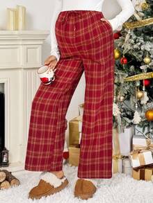 SHEIN Christmas Autumn And Winter Maternity Casual Plaid Straight Leg Pants, Autumn/Winter Plaid Pants Red Plaid Pants Pajama Pants Wide Leg Pants Checkered Pants - Red - View 3