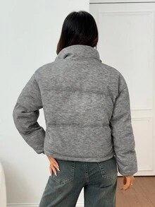 SHEIN PETITE 女士升级款灰色纯色拉链休闲针织外套，适合秋冬季、感恩节、居家和户外活动穿着。 - 灰色 - 查看 2