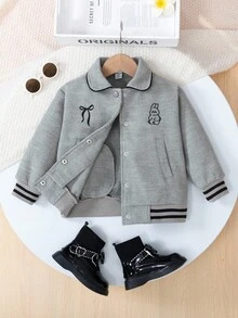 SHEIN Elladie kids 时尚休闲女童外套，卡通图案印花，可爱彼得潘领，适合秋季穿着 - 灰色 - 查看 3