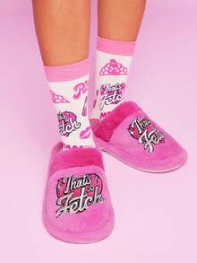 Mean Girls X SHEIN Pantofole da donna alla moda e carine con ricamo argento, antiscivolo per interni, morbide pantofole rosa in pelliccia sintetica calde per l'inverno, suola durevole, adatte per casa, camera da letto, stanze climatizzate in primavera e autunno