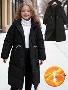 SHEIN 青少年女孩简约舒适百搭宽松纯色高领口袋抽绳腰部可调节连帽绗缝长款棉衣 - 黑色 - 查看 3