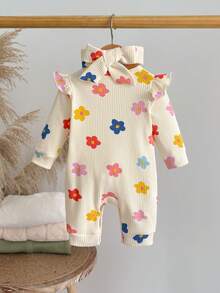 SHEIN 彩色卡通印花新生儿爱心图案连体衣，舒适针织连体衣配发带，休闲家居服 - 杏色 - 查看 6