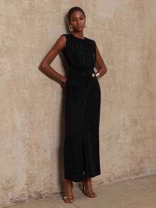 Lumalex VITNOS 秋冬新款高端优雅咖色针织无袖褶皱修身收腰金属扣装饰不对称连衣裙，女秋装，适合演唱会、约会、婚礼、派对、生日 - 黑色 - 查看 3