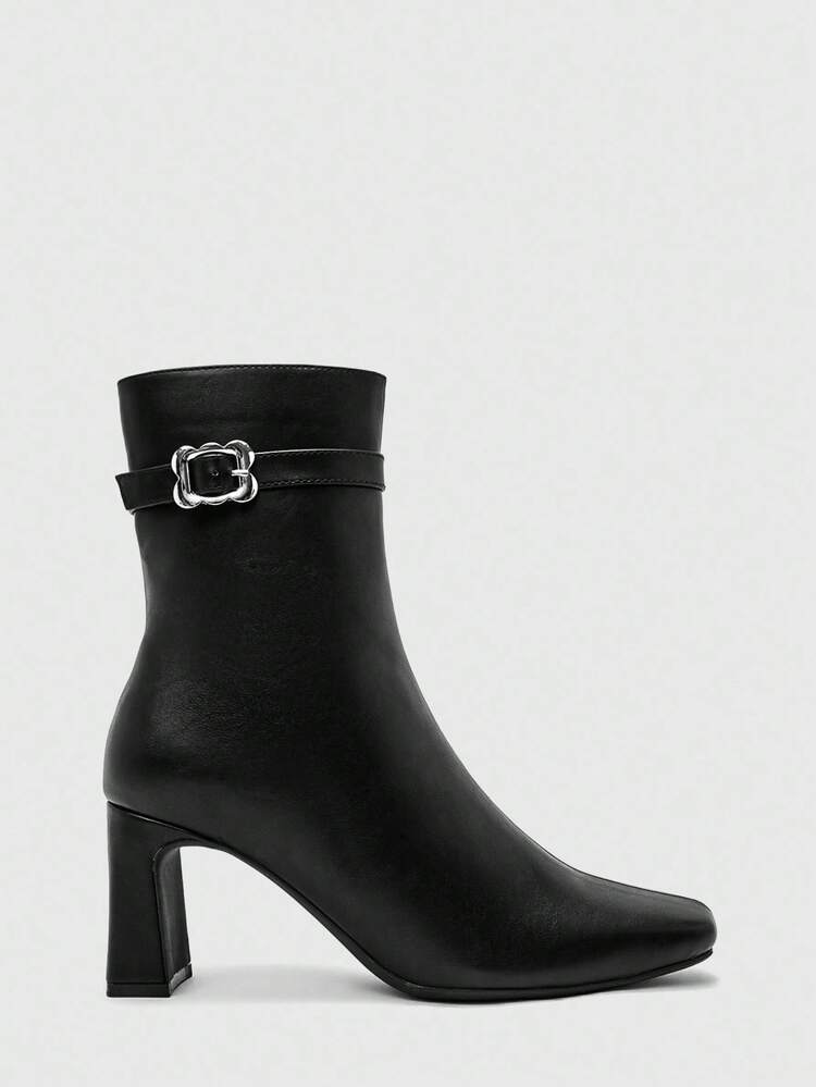 CUCCOO BIZCHIC Vintage Square Toe Gold Buckle Decor Chunky Heel Ankle Boots