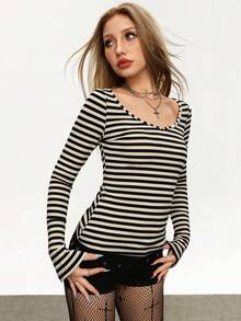 INAWLY Kaos Wanita Lengan Panjang Bergaris, Pas Badan, Kasual, Serbaguna, Musim Gugur - MultiWarna - View 4