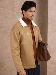 Manfinity Homme Men's Autumn And Winter New Suede Warm Fabric Camel Solid Color Inner Fleece Collar Jacket, Anniversary Gift Brown Jacket Men Men Outerwear,This Is A Versatile Coat For Daily Commuting And Traveling. It's A Gift For Your Husband, Boyfriend, And Friends. It Features A Casual And Simple Style, A Mature Urban Look, And A Laid-Back Urban Vibe - Camel - View 6