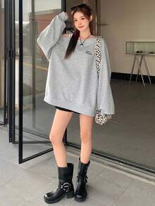 FRIFUL 女士春秋休闲不对称领字母印花T恤长袖女上衣，秋季女装 - 灰色 - 查看 2