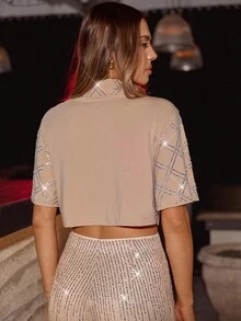 Glamine Women's Rhinestone Embellished Short Sleeve Casual Shirt, Suitable For Party And Everyday Wear, Autumn/Winter - Apricot - View 2