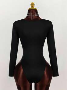 Y2K Amplova BLACK Christmas New Year Thanksgiving Sequins Party Chic Retro Deep V-Neck Lace Trim Ruched Bodysuit, Sexy Long Sleeve Suitable For Party And Date - Black - View 9