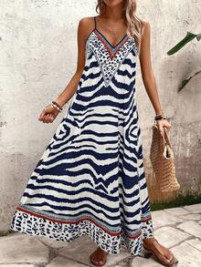 Breezaya 女式豹纹宽松长款吊带裙，优雅适合日常穿着和度假穿着，夏季 - 藏蓝色 - 查看 3