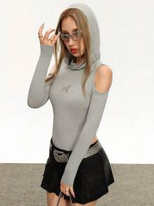 Rina Fox 蝴蝶印花露肩连帽紧身衣 - 灰色 - 查看 5