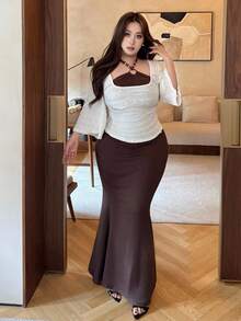 Flirla Plus Size Women Autumn/Winter Fitted Halter Waist Cinched Fishtail Dress And Loose Casual Round Neck Ruffle Mid-Sleeve T-Shirt Halloween Plus Size - Multicolor - View 7