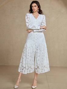 DAZY Women's V-Neck Puff Sleeve Button Design Ruffle Hem Elegant Lace Mid-Length Dress - Beige - View 5
