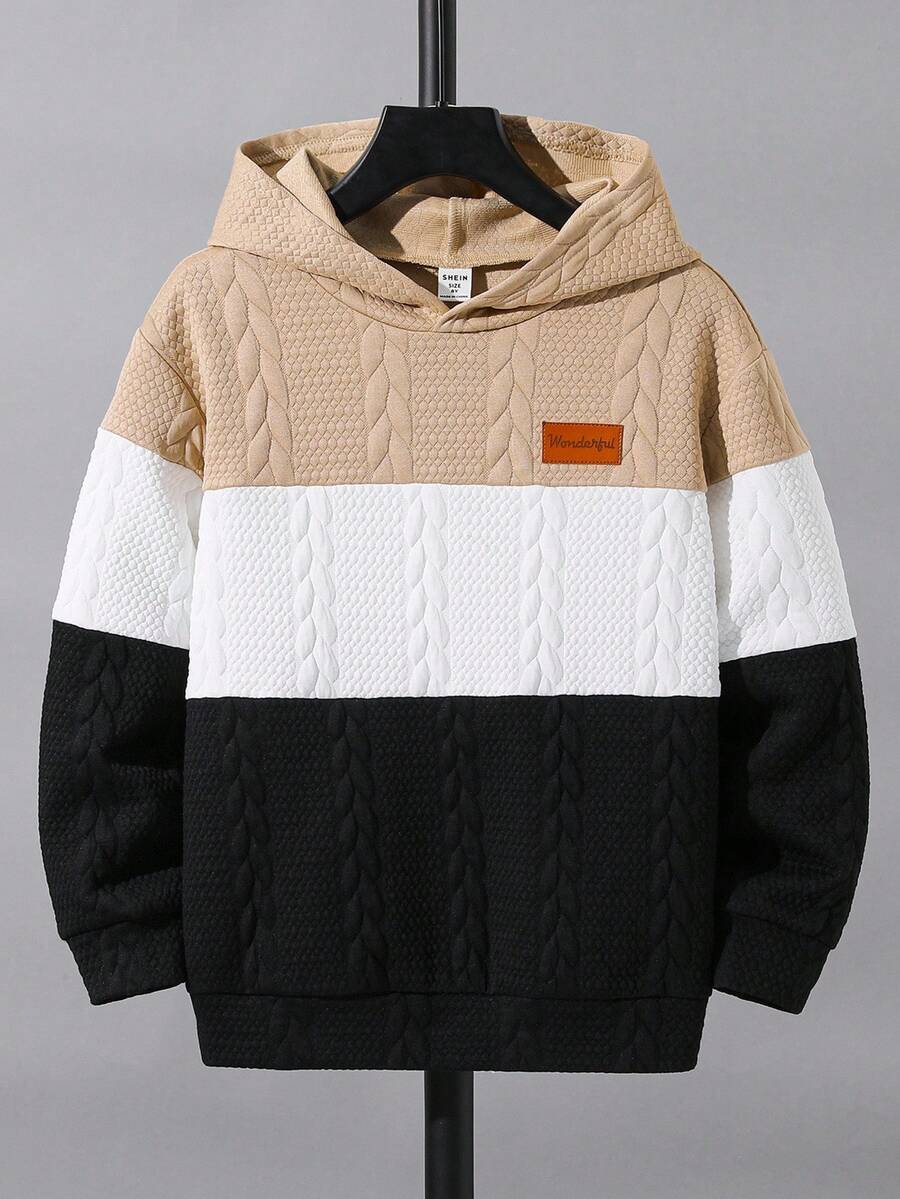 SHEIN Tween Boy Color Block Letter Patched Detail Hooded Sweatshirt Fall Winter Sweatshirt, Winter Clothes - Khaki - View 1