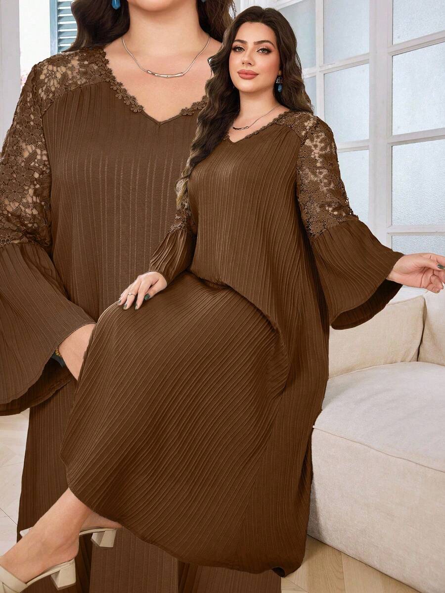 Modelyn Plus Size V-Neck Lace Patchwork Ruffle Hem Long Sleeve Loose Casual Dress, Spring/Summer Fall - Brown - View 1