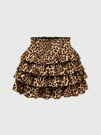 J-Fashion Women's Casual Chic Street Fashion Leopard Print Cinched Waist Layered Ruffle Hem Mini Skirt, Summer