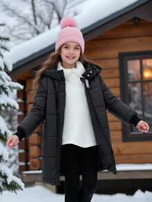 Young Girl' Casual Hooded Long Padded Coat, Winter - Black - View 1