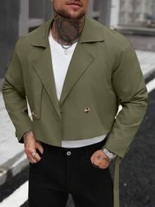 Manfinity Homme 男士纽扣前襟长袖口袋简约休闲风衣，适合送给朋友、丈夫、男友，橄榄绿，秋季款 - 軍綠色 - 查看 3