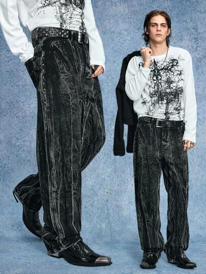 Grunge Punk Jeans ample à jambe large avec poche et graphique éclair lavé pour hommes