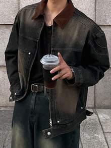 DAZY 男士黑色牛仔夹克，撞色领口，秋季，Emo 风格 - 黑色 - 查看 4