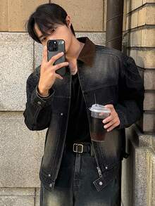 DAZY 男士黑色牛仔夹克，撞色领口，秋季，Emo 风格 - 黑色 - 查看 7