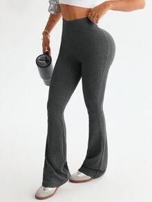 Slayform 浪漫生活休闲时尚百搭性感喇叭裤紧身百搭健身辣妹瘦腿拉长提臀罗纹高端修身塑腰欧美优雅可爱瑜伽裤 - 黑色 - 查看 4