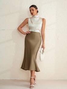 Aveloria Modichic Chân váy satin xếp ly, nhún bèo thanh lịch dành cho nữ, dài có khóa kéo, dáng suông, màu be tự nhiên, trơn, mùa xuân/hè, trang phục chuyên nghiệp/kinh doanh/đồng phục công sở - Cà phê nâu - Xem 4