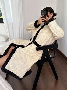 SHEIN Plus Size Women's Plush Contrast Color Block Round Neck Long Robe,Black And White,Autumn,Elegant,Dinner Winter 3 Piece Fluffy Pajama Dress Lounge Wear - Beige - View 3