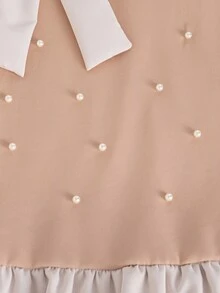 SHEIN Elladie kids 年轻女孩夏季新款仿珍珠蝴蝶结无袖A字褶边下摆法式时尚优雅公主裙 - 卡其色 - 查看 7