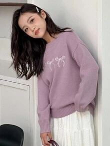 DAZY 女童圆领蝴蝶结刺绣套头衫，秋季