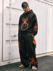 AXEPEAK طقم هوديي وبنطلون رياضي فضفاض بطبعة العنكبوت من AXEPEAK، ملابس رجالية مناسبة للخريف والشتاء