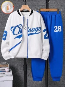 SHEIN 青少年男孩休闲运动棒球夹克套装，宽松摩托车图案运动服，适合通勤、上学、日常休闲、运动、秋冬 - 藍色 - 查看 2