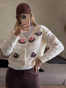Vivie Lora Women's Floral Hollow-Out V-Neck Cardigan - Grey - View 1