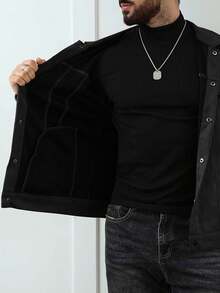 Manfinity Homme Men's Fashionable Versatile Suede Fleece Jacket, Autumn Men Black Jacket