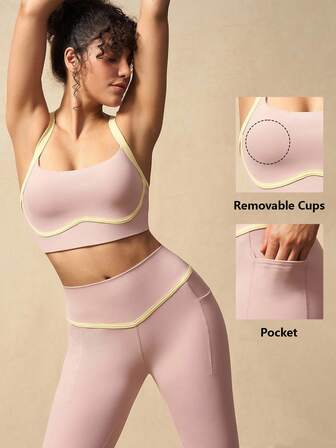VARSITIE Conjunto de ropa deportiva para mujer, sujetador deportivo inalámbrico con ribete de contraste y mallas, conjunto de ropa activa de verano para mujer
