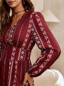 LanaWest 女士印花长款休闲连衣裙，适合初秋 - 紅木色 - 查看 4