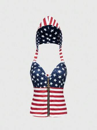 Y2K Crop Top mit grau-weißem Sternenmuster und amerikanischer Flagge, figurbetont