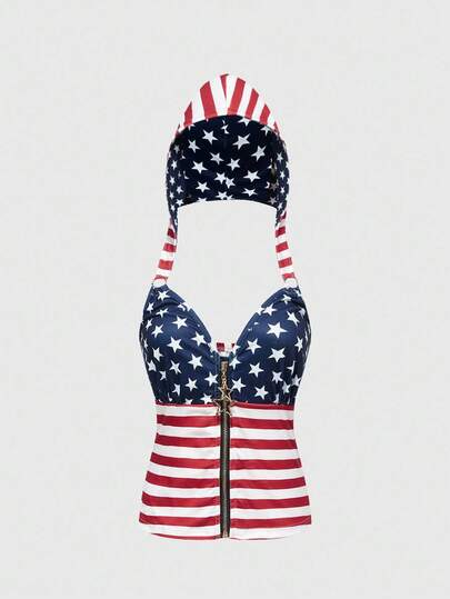 Y2K Crop Top With Gray Star Stripe And American Flag Print, Fitted