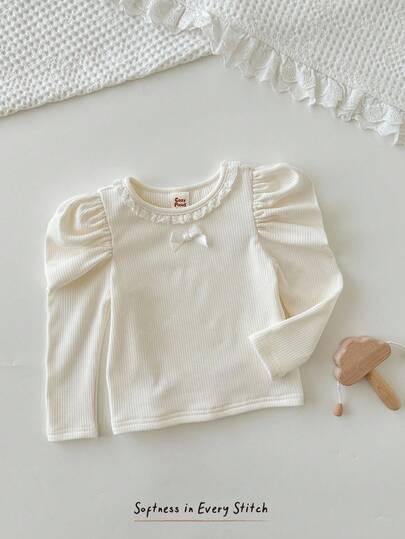 Cozy Pixies Baby Girl Colorblock Bow Decor Ruffle Trim Crew Neck Long Sleeve Top