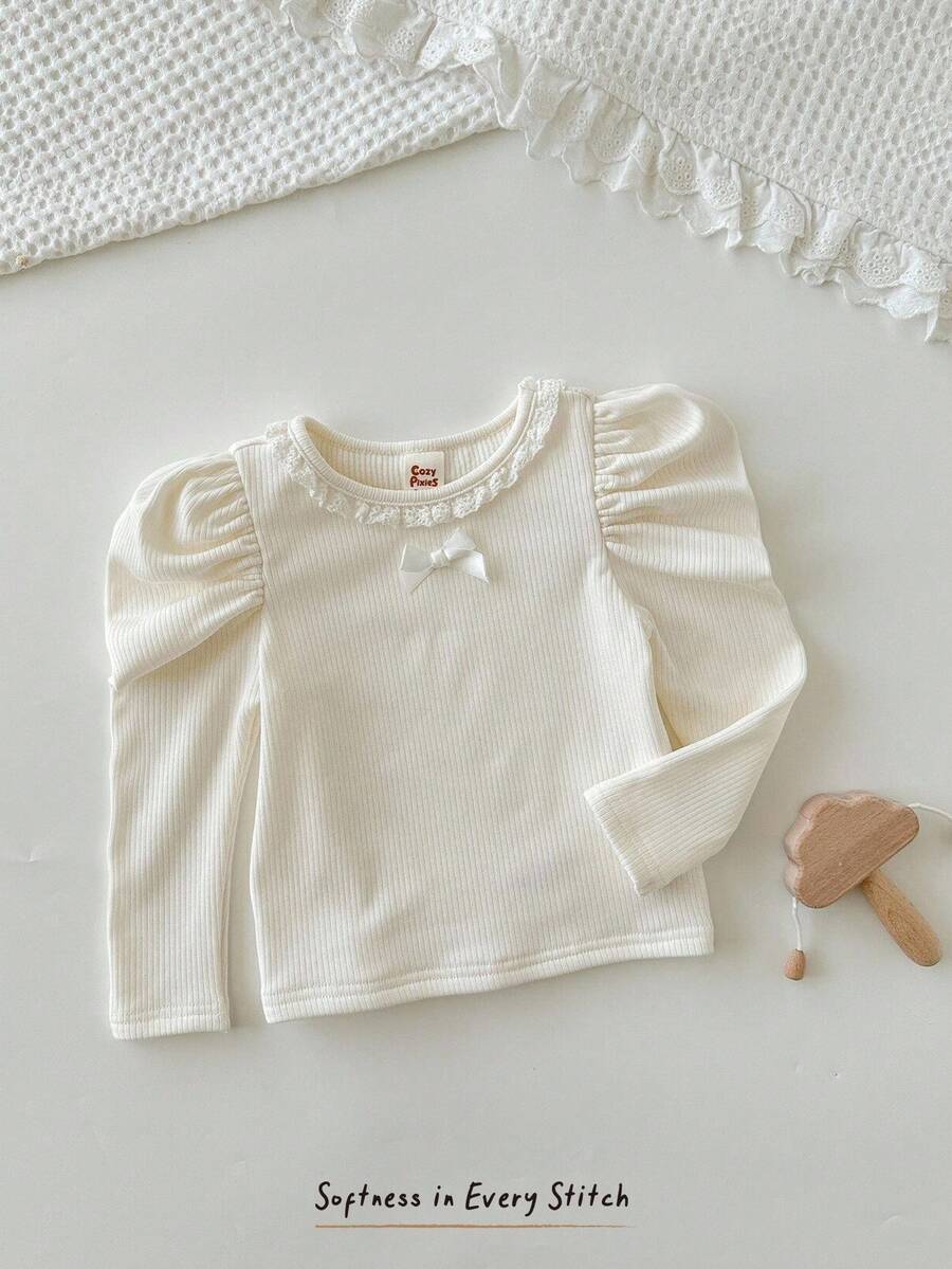 Cozy Pixies 女婴拼色蝴蝶结装饰荷叶边圆领长袖上衣 - 彩色 - 查看 1