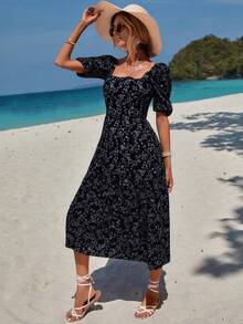 SHEIN Cottnline Vacation Casual Floral Puff Sleeve Dress - Multicolor - View 4