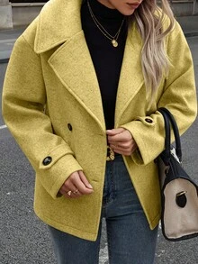 EMERY ROSE 女士纯色长袖双排扣休闲宽松大衣，秋冬款