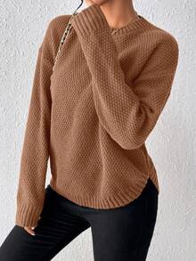 EMERY ROSE 女士纯色圆领落肩长袖休闲宽松毛衣，秋冬 - 鏽棕色 - 查看 3