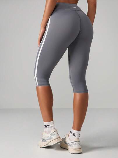 MISSGUIDED 高腰运动瑜伽七分紧身裤，带反光侧条纹，吸湿排汗，压缩健身跑步训练运动服