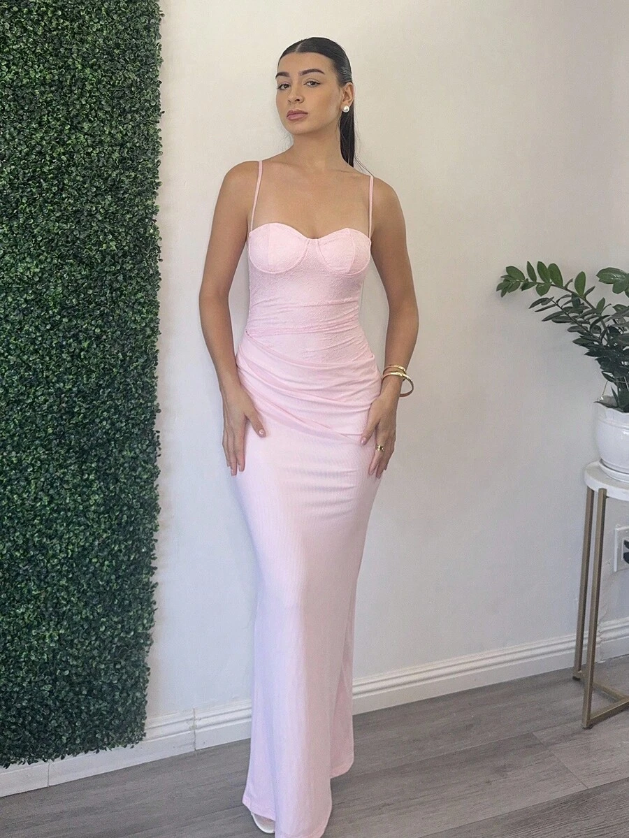 Andrea Bello 女士蕾丝网眼拼布吊带连衣裙，适合毕业派对、婚礼宾客、约会、宴会、派对、朋友聚会、夏季 - 粉色 - 查看 1