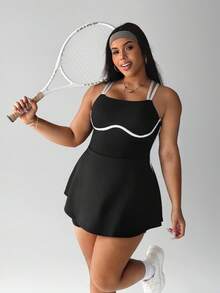 Rhythm Era Plus Size Women's Colorblock Shoulder Strap Adjustable Buckle Front Panel Contrast Trim Sleeveless Casual Dress With Detachable Shorts Pockets, Suitable For Daily Casual Wear, Running, Yoga, Gym, Tennis, Golf, Etc., Spring/Summer/Autumn - Black - View 1