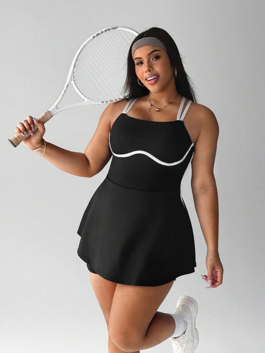 Rhythm Era Plus Size Women's Colorblock Shoulder Strap Adjustable Buckle Front Panel Contrast Trim Sleeveless Casual Dress With Detachable Shorts Pockets, Suitable For Daily Casual Wear, Running, Yoga, Gym, Tennis, Golf, Etc., Spring/Summer/Autumn - Black - View 1