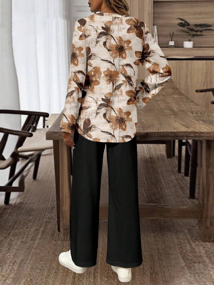 2pcs Women Floral Print Notched Collar Roll Up Sleeve Shirt And Pants Set