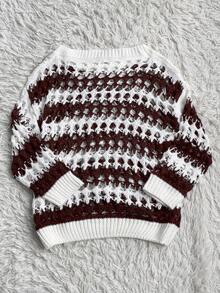 Sunspun Suéter de punto calado de estilo oscuro Y2K para mujer de talla grande, con patrón de ganchillo blanco y negro, adecuado para primavera, verano, otoño, vacaciones y vuelta al colegio - Café integral - Ver 2