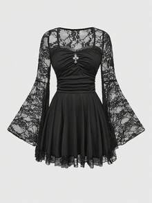 ROMWE Váy chữ A cổ vuông tay loe phối ren chéo Gothic dành cho nữ dịp Giáng sinh - màu đen - Xem 1